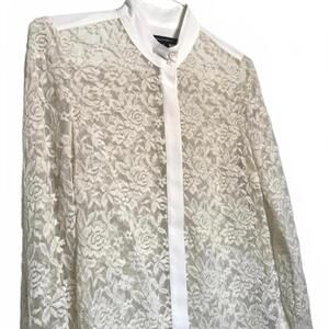 French Connection Cream Lace Sheer Long Sleeve Button Up